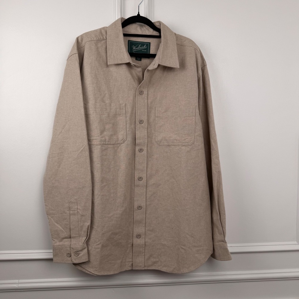 Woolrich Green Label Tan Oatmeal Heather Flannel Button Down Shirt Mens Large